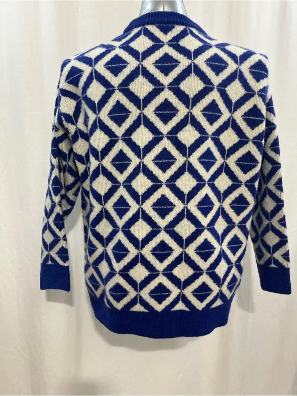 Zara Blue & White Geometric Diamond Pattern Knit Crewneck Sweater Men’s XL 1525